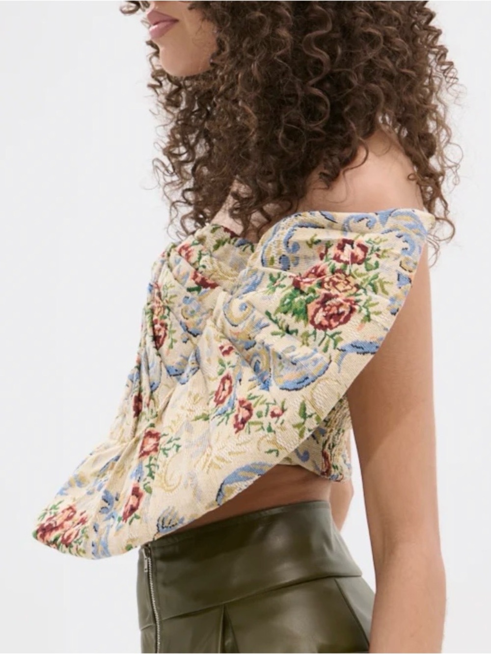 AKIRA Off-Shoulder Floral Ruffle Crop Top in Cream, Blue & Green - Picture 5 of 6